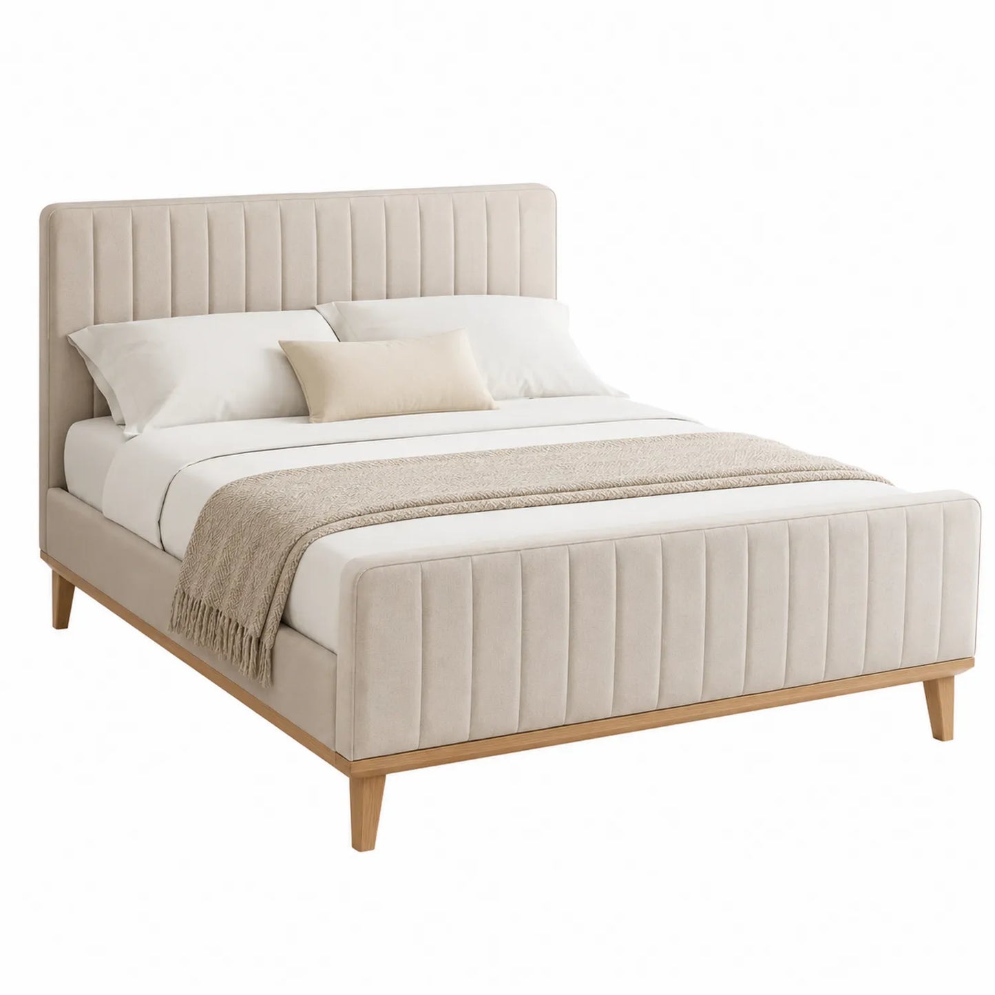 Cama de matrimonio de tela beige con estructura de madera