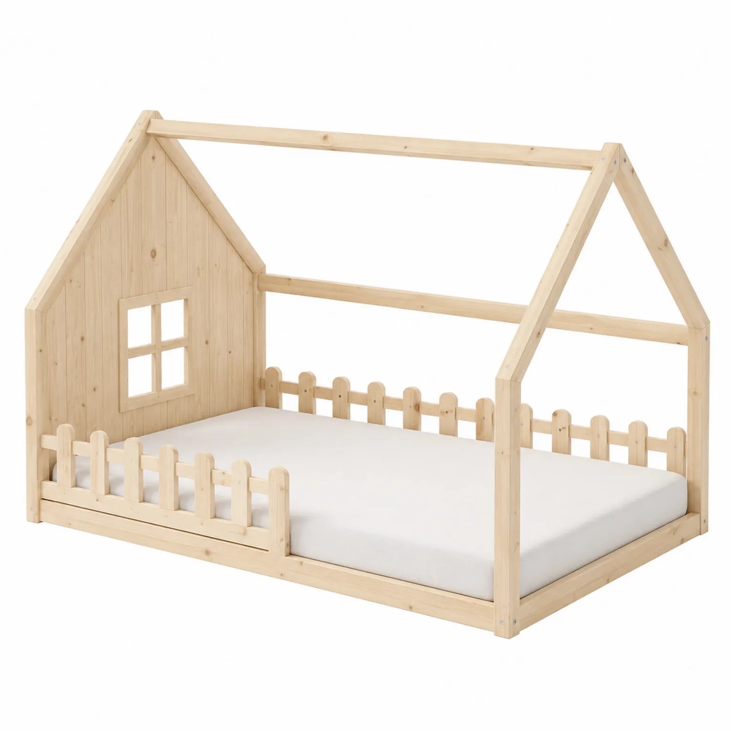 Cama infantil de madera de pino en forma de casa con barandilla