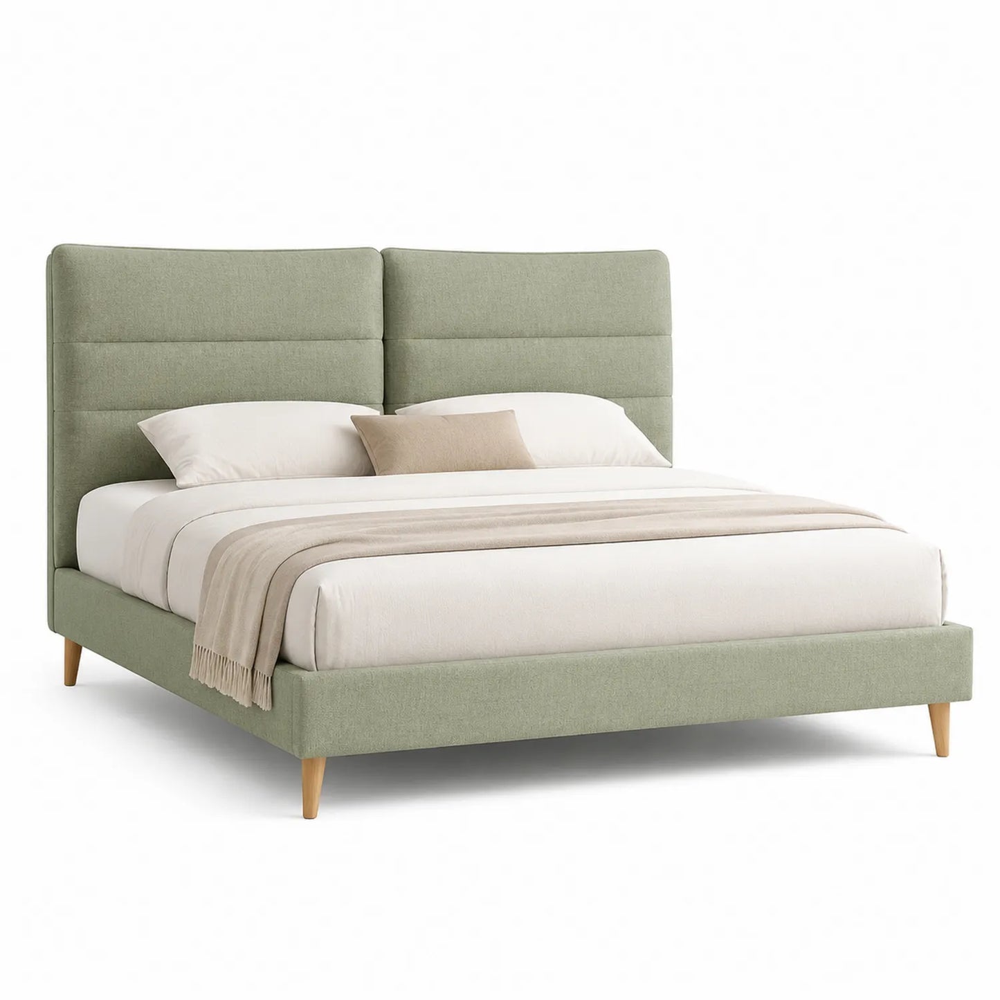 Cama tapizada en poliéster verde con patas de madera 190x200 cm