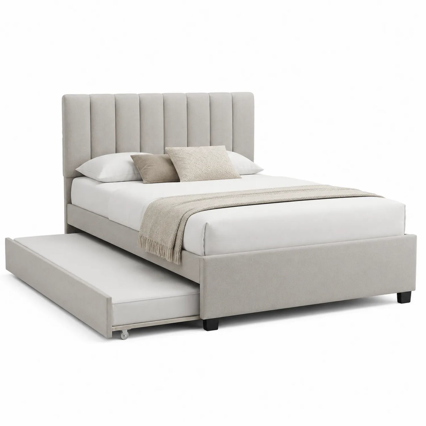 Cama tapizada con cabecero alto y cama nido, tela gris claro, 200x160 cm