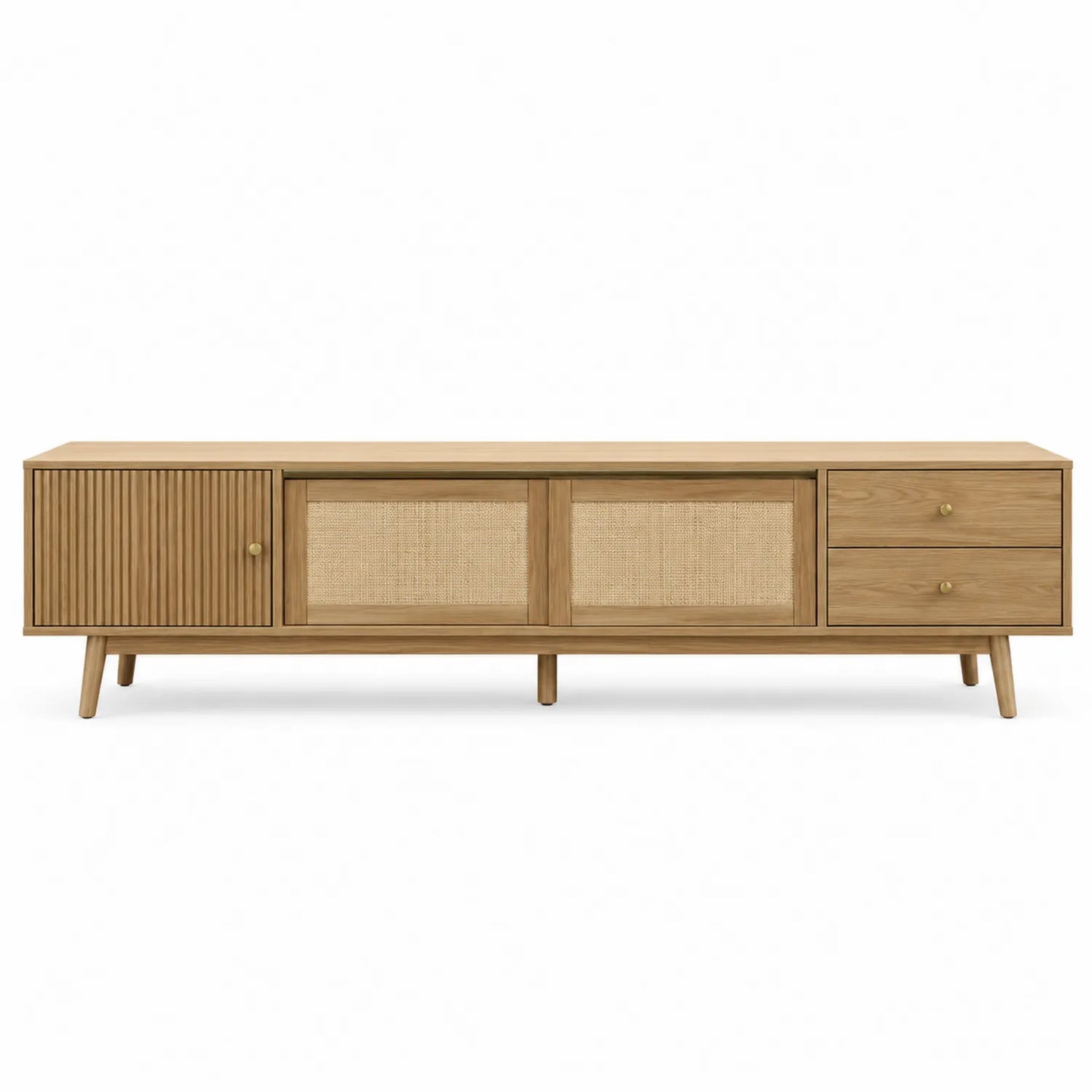 Mueble de madera de roble para TV con puertas de ratán 180x40x50 cm
