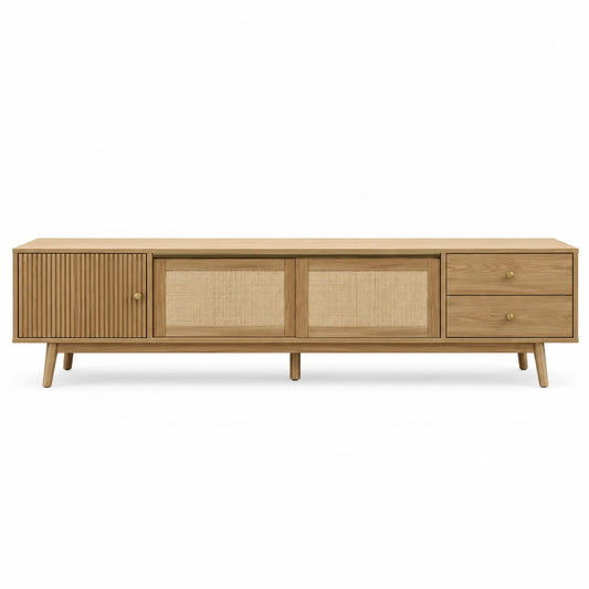 Mueble de madera de roble para TV con puertas de ratán 180x40x50 cm