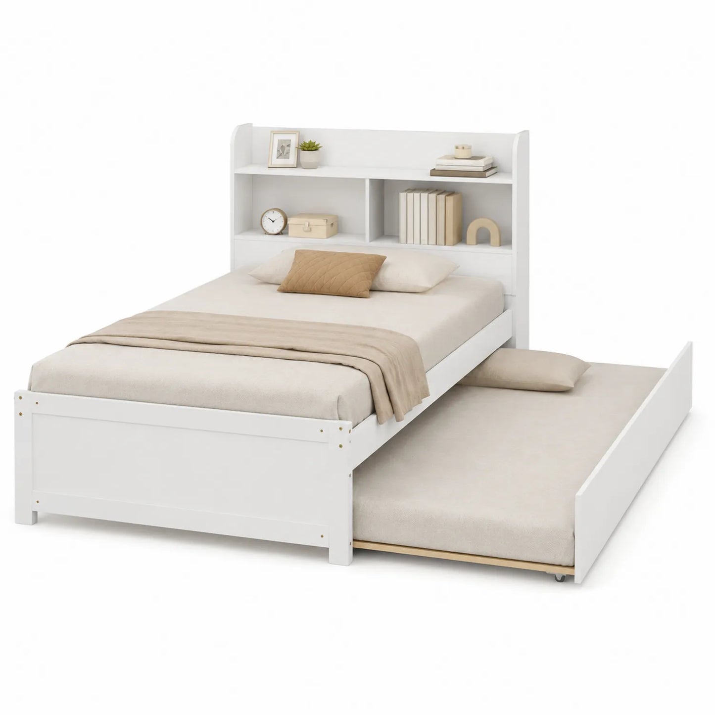 Cama nido de madera blanca con estantería integrada y colchones