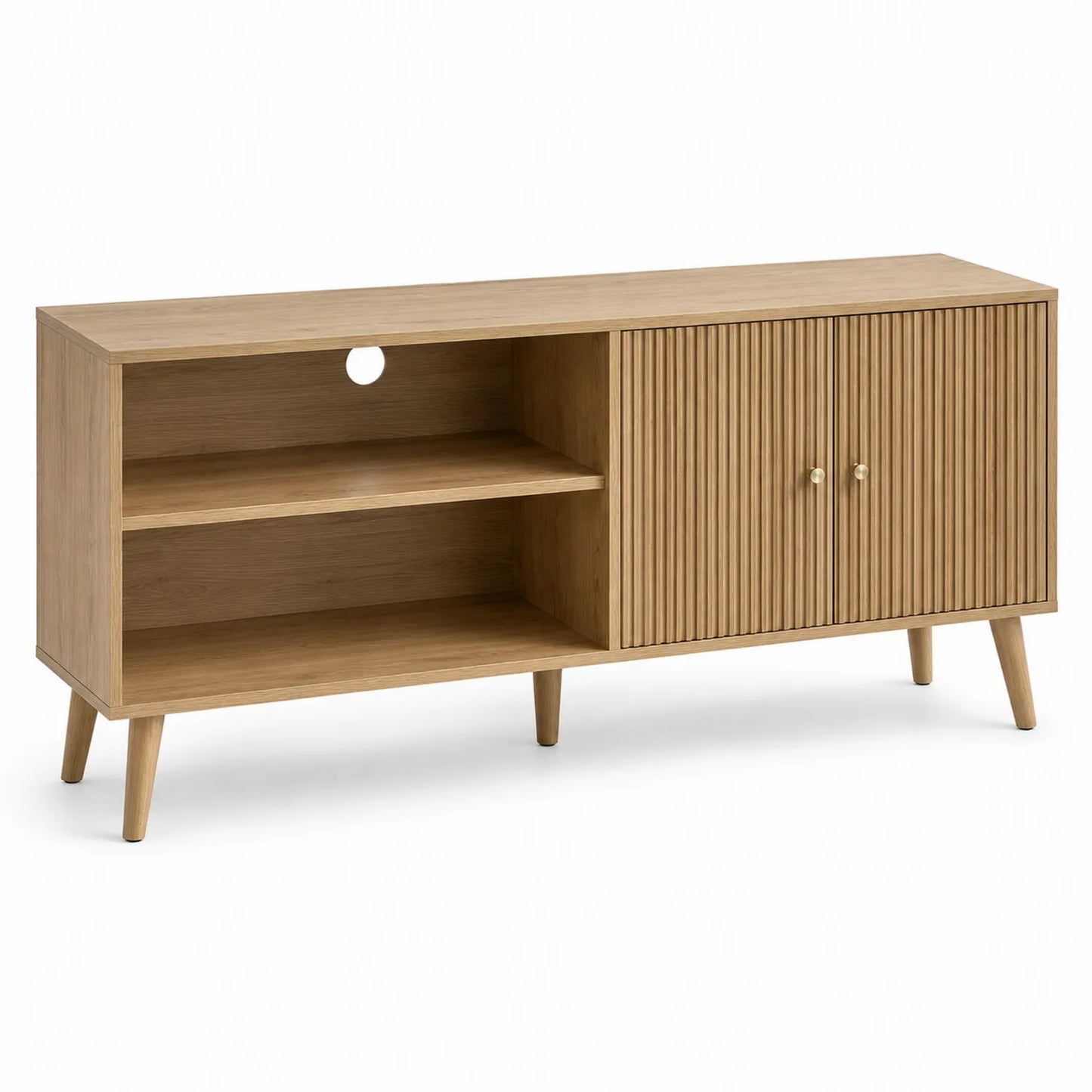 Mueble para TV de madera de roble con puertas y estantes