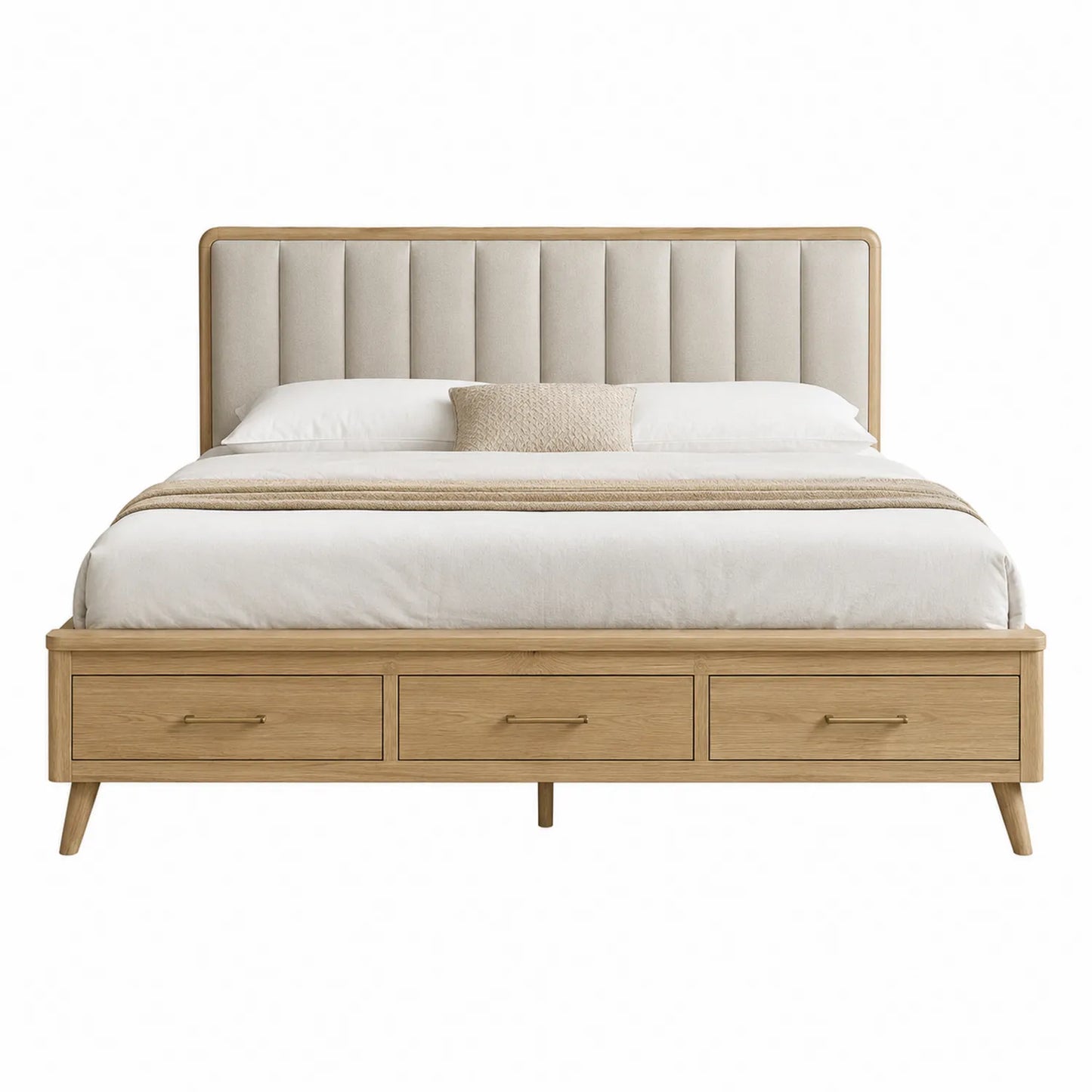 Cama doble de madera con cabecero tapizado y cajones beige 200x160 cm
