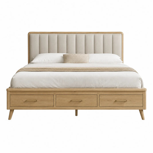 Cama doble de madera con cabecero tapizado y cajones beige 200x160 cm