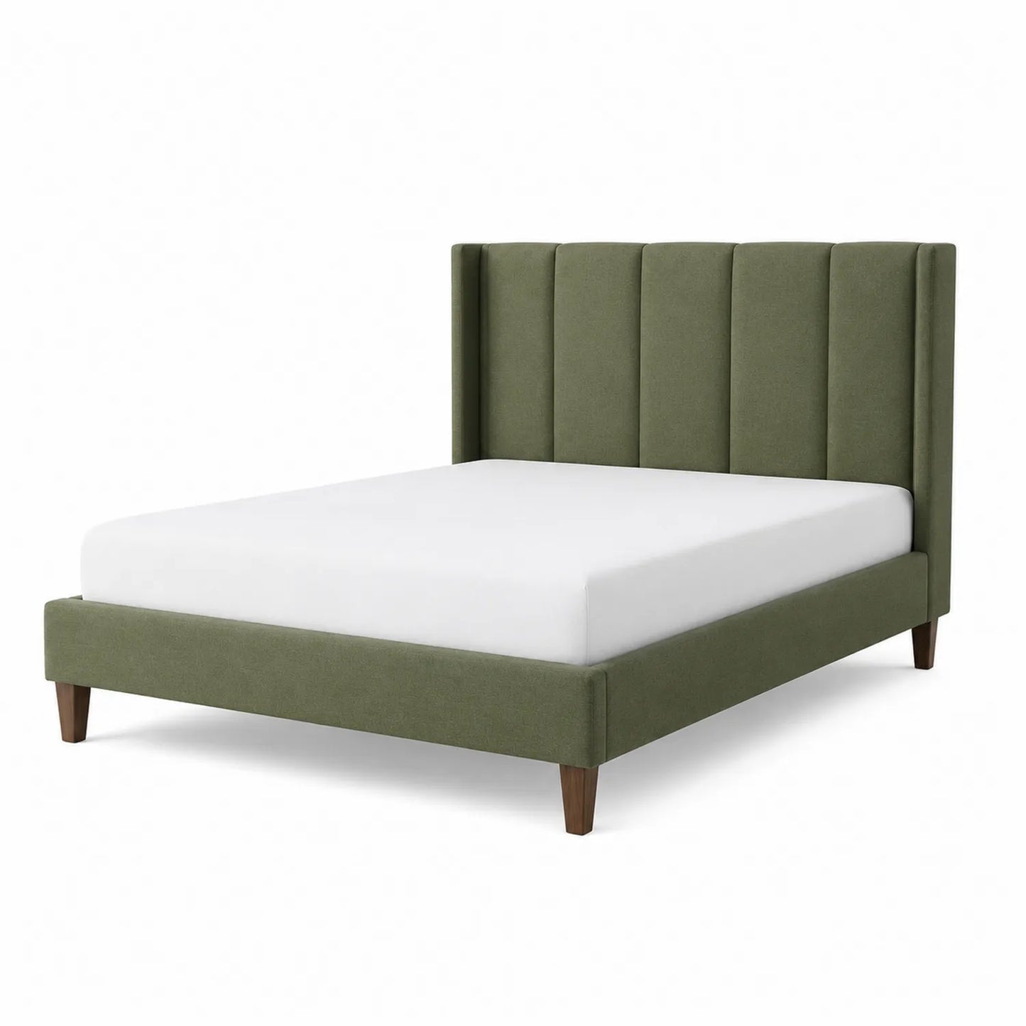 Cama matrimonial de tela verde con cabecera y patas de madera