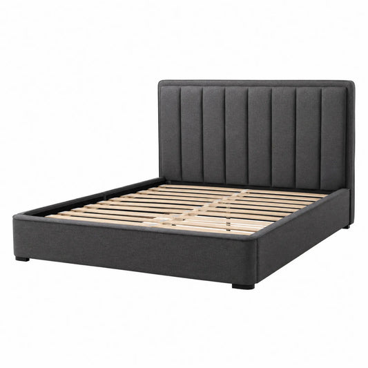 Cama tapizada de tela gris oscuro con cabecero panelado 160x200 cm