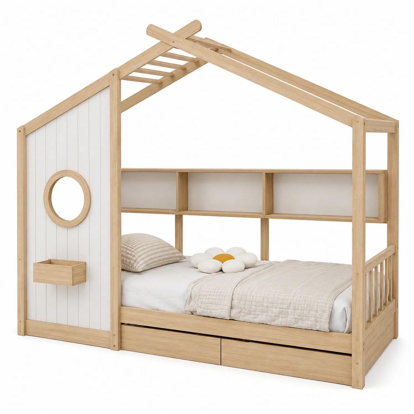 Cama infantil de madera con forma de casa con estantes y cajones 200x90 cm
